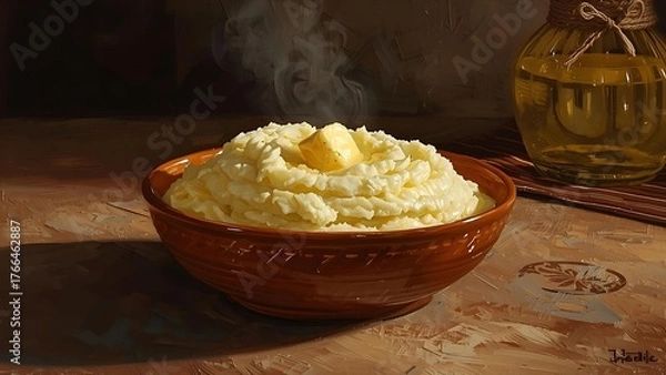 Obraz Bowl of Warm Mashed Potatoes with Melting Butter, Creamy Comfort Food Still Life Painting