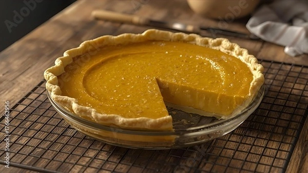 Obraz Golden slice of autumn: A luscious pumpkin pie ready to be enjoyed,  Sweet and savory delight: A perfectly baked pumpkin pie on a rustic cooling rack