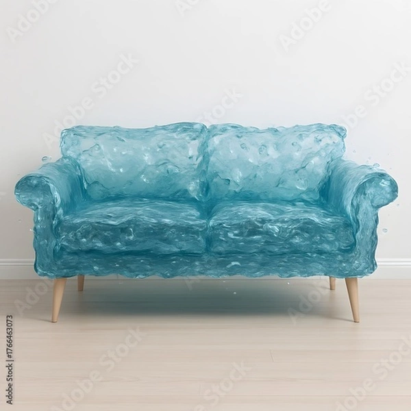 Fototapeta A surreal and artistic sofa  to be made of frozen, translucent blue water, complete with ripples and bubbles,