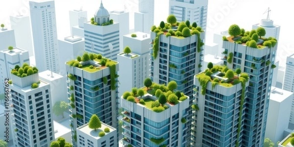 Obraz Futuristic cityscape featuring green rooftops and modern architecture.