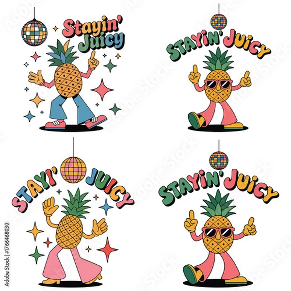Obraz Funky pineapple characters dancing and grooving with disco ball and stars vector
