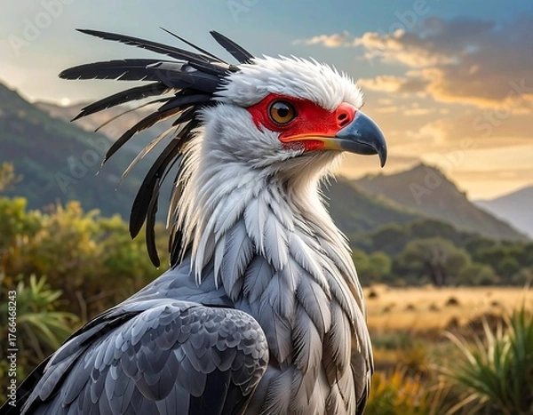 Obraz Portrait of a striking bird with red and black feathers in a savanna