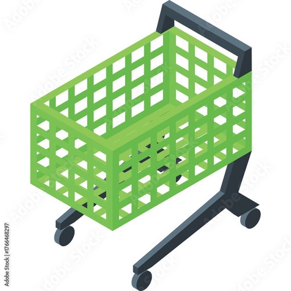 Obraz Green Isometric Shopping Cart With Black Frame and Wheels Isolated on Transparent Background Ideal for E-commerce and Retail Design