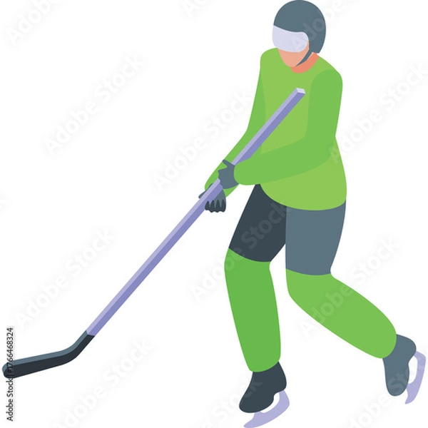 Obraz Green Jersey Ice Hockey Player With Stick In Action On Transparent Background In Isometric View Focused On Goal Shot