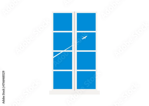 Fototapeta 白い窓から青空にひこうき雲が見えるイラスト