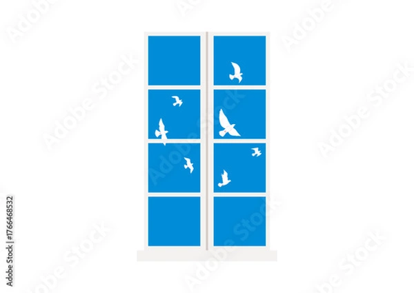 Fototapeta 白い窓と青空に飛ぶ白いハトのイラスト