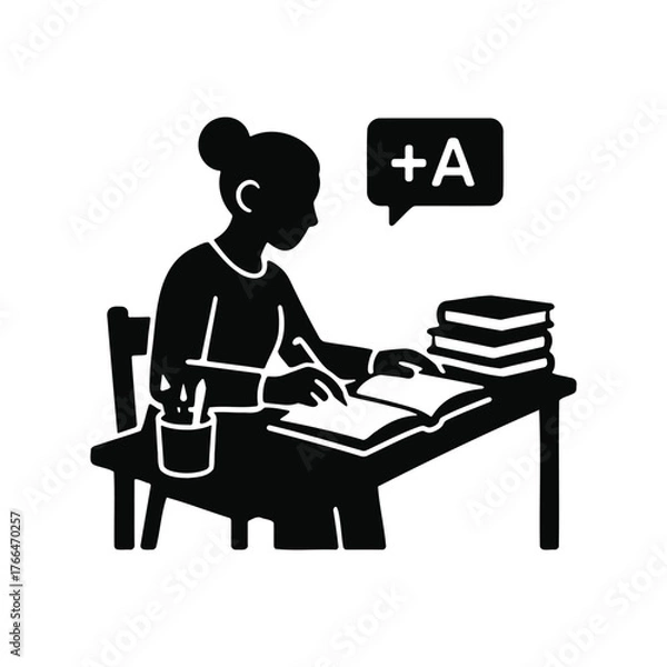 Obraz Silhouette of a student studying at a desk with books.
