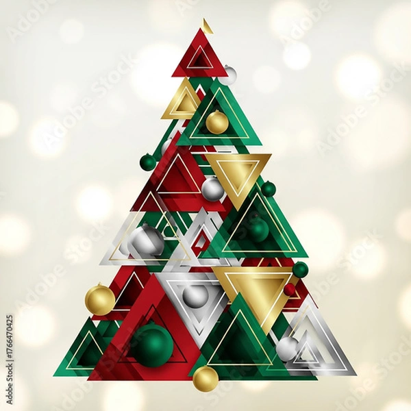 Obraz Abstract Geometric Christmas Tree with Baubles, Modern Holiday Design