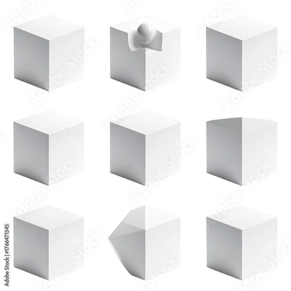 Fototapeta Nine white cubes in array, one deformed/peeled