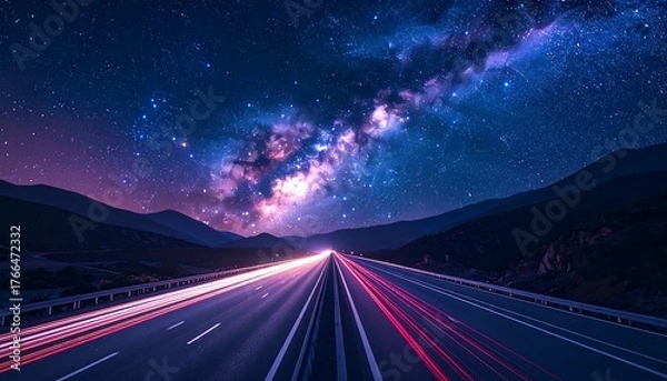 Fototapeta Long exposure road view with light trails under a starry sky and distant mountains. Night scene aesthetic photo