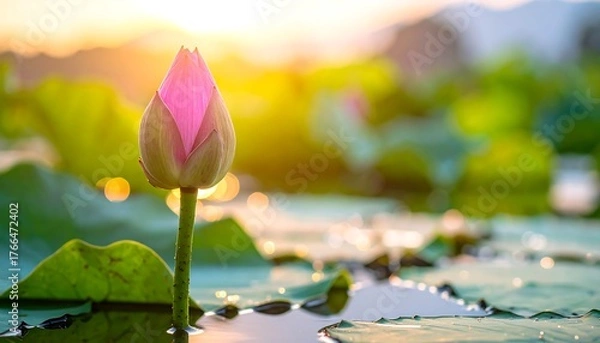 Fototapeta Lotus bud emerging from water, soft light on petals, green leaves and bokeh background