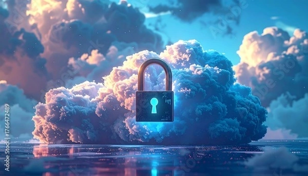 Fototapeta Luminous padlock sits atop a fluffy cloud formation, reflected in a shiny, reflective surface, set against a blue sky