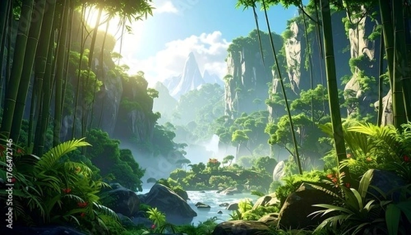 Fototapeta Lush tropical valley with bamboo, flowing river, and distant mountains under bright sky. Sunlight streams through foliage