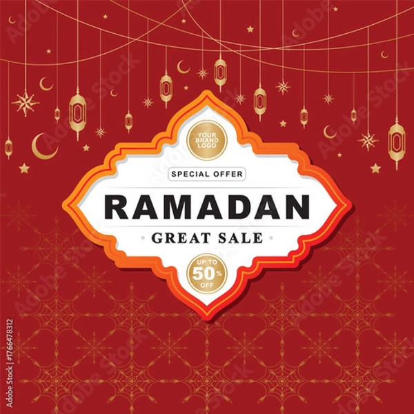 Fototapeta Lettering, Illustration Ramadan Sale, Up To 50% Off with This Stunning Promotion Banner Featuring Hanging, Vector Calligraphy Design, Usable for Poster, Banners, Postcards, Wallpaper, Gifts etc.