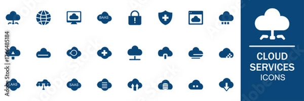 Fototapeta Cloud services editable icon set. Cloud computing, storage, hosting, sync, data transfer, cloud server, network, online, SAAS, digital and more. Solid icons collection. Vector illustration.