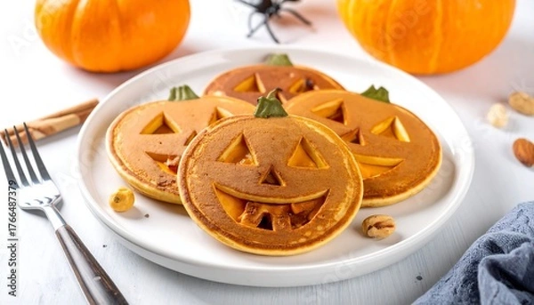 Obraz Halloween-themed breakfast plate with jack-o'-lantern pancakes