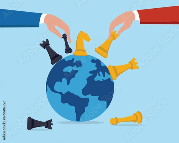 Fototapeta Geopolitics world country trade alliance, Hand playing chess to win geopolitics trade war, diplomacy with superpower nations, relationship or negotiation for trade war, Two hands playing chess.