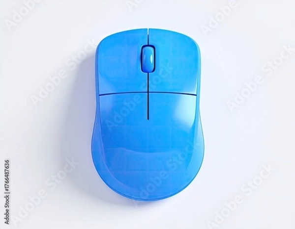 Fototapeta Overhead view of a glossy, sky-blue wireless computer mouse against a white backdrop