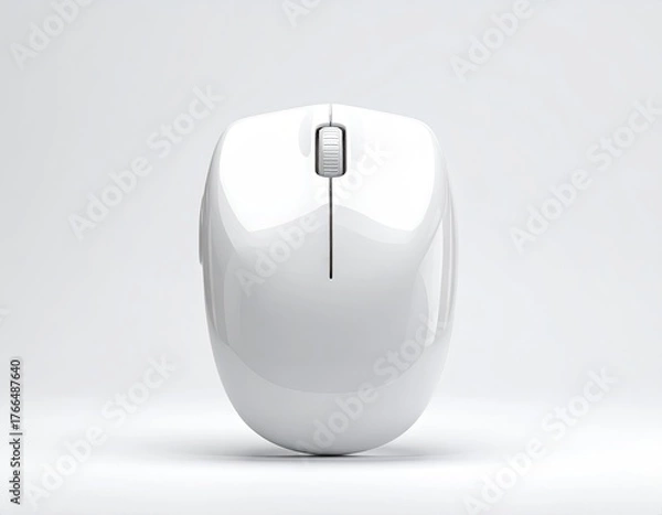 Fototapeta Glossy white wireless computer mouse centered on a white seamless background