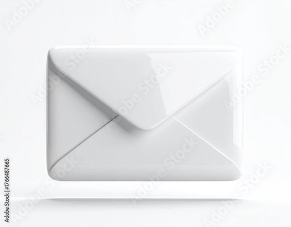 Fototapeta A glossy, white, square envelope icon hovering against a bright white background