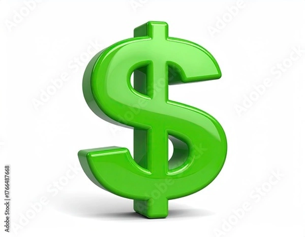Fototapeta A glossy green dollar sign casts a shadow against a clean white background