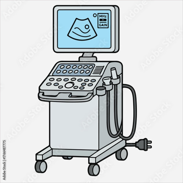Fototapeta An ultrasound machine with a monitor displaying a fetus image on a white background in a line drawing style.