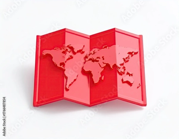 Fototapeta A vibrant, glossy red folded map of the world casting a soft shadow