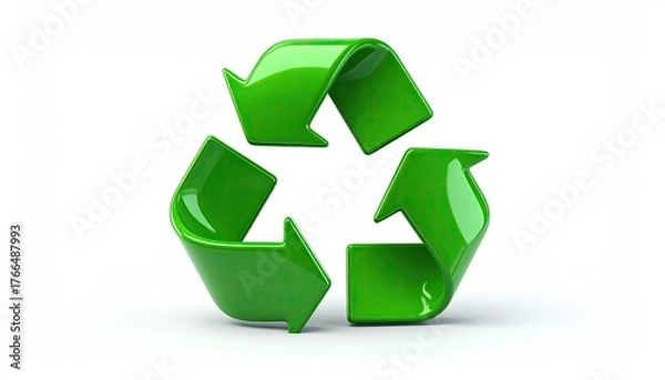 Fototapeta Glossy 3D green icon, three arrows forming triangle, white background