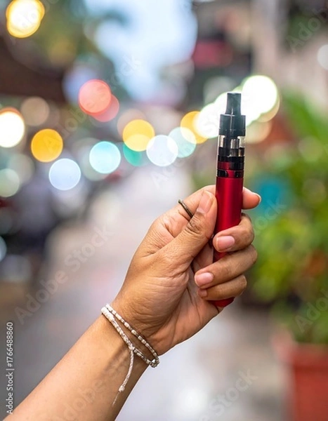 Obraz Hand holding a red electronic cigarette with street bokeh in background