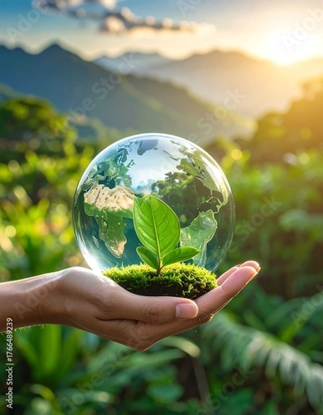 Obraz Hand holding earth-shaped glass globe with plant growing in green environment