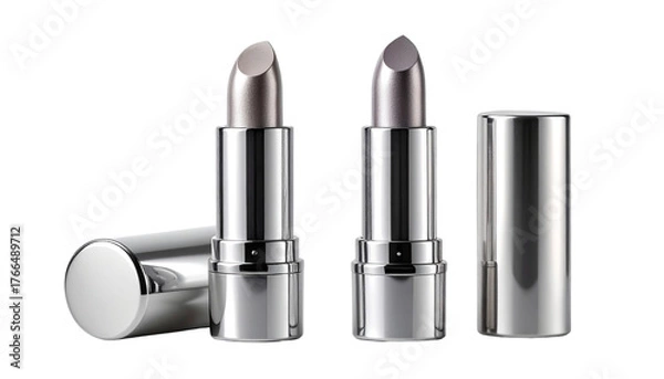 Fototapeta  3. Prescription Pill Jar and Tablet Packaging, i1. Luxury Red Lipstick and 2. Elegant Cosmetic Lipstick Collection, isolated on transparent backgroundSilver on transparent background