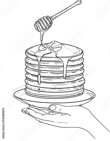 Obraz Hand holding stacked pancakes with honey drizzling from a honey wand