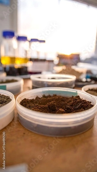Fototapeta Laboratory setup showing several soil samples in petri dishes