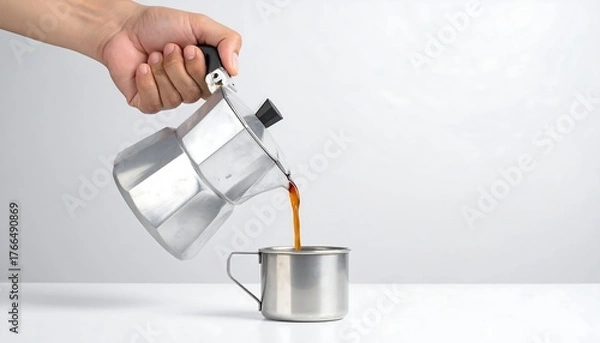 Obraz Hand pouring freshly brewed coffee into a stainless steel cup