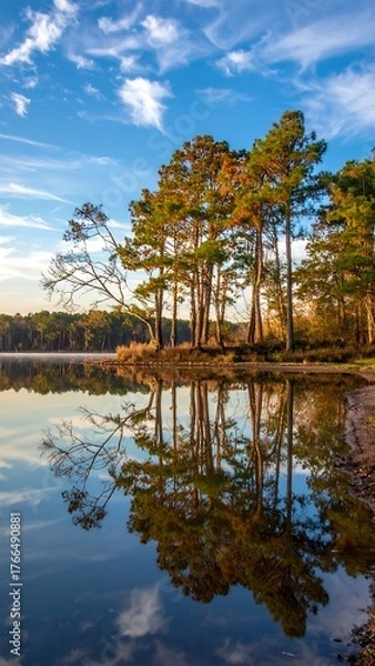 Obraz Lakeside autumn scene with trees reflecting in still water under blue skies