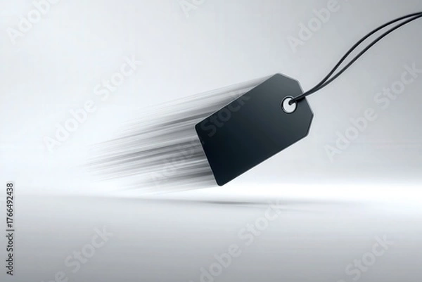 Obraz Close-up of a floating black tag in motion blur on white background, faint fragments trailing behind to imply speed