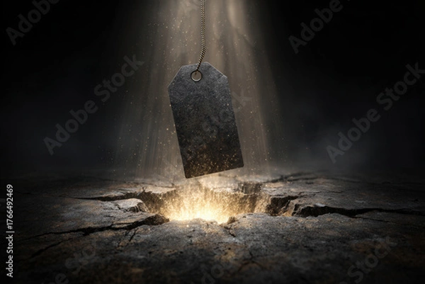 Obraz Black sign floated on the broken ground with a golden light shooting out