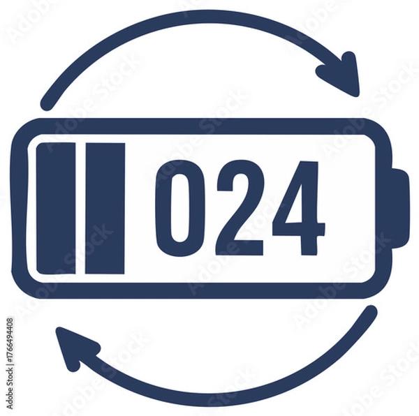 Fototapeta Digital battery icon displaying 024 charge level with looping arrows representing power cycle.