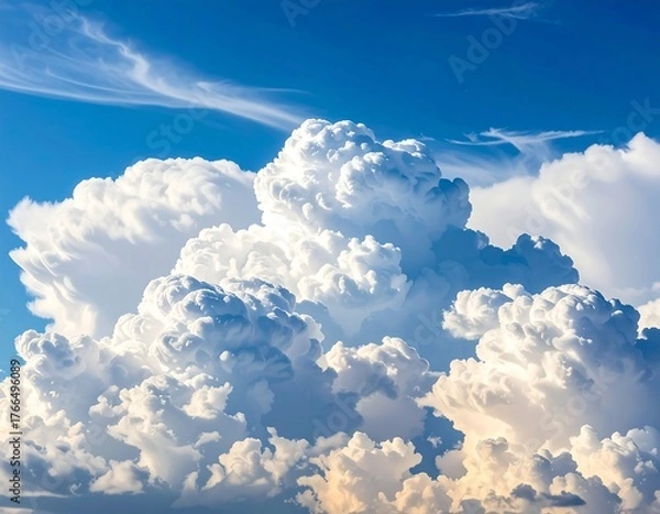 Obraz Large, fluffy, sunlit cumulus clouds dominate a bright blue sky