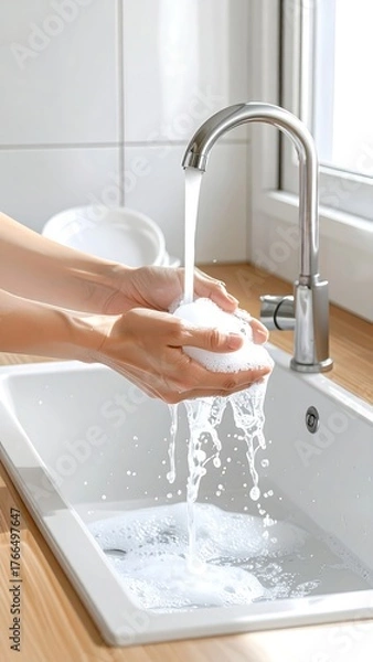Obraz Hands washing with foam under faucet in a pristine white sink
