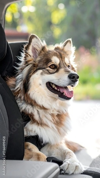 Obraz Happy dog in car, looking out, with brown, white, and black fur