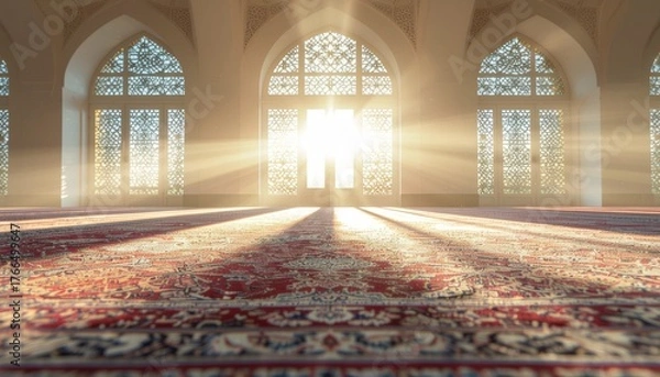 Obraz Peaceful mosque interior with sunlight beams through ornate arched windows, warm atmosphere for prayer and spiritual reflection, symbolizing faith and serenity in Islamic culture.