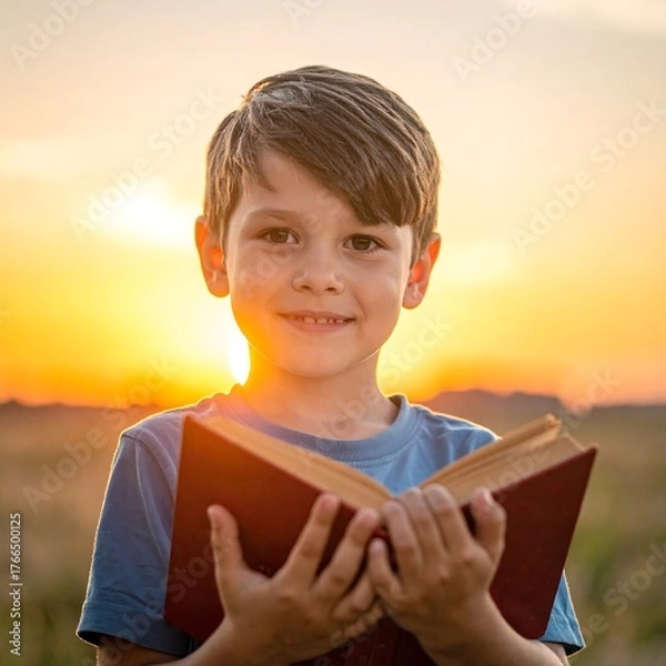 Obraz Happy young boy holds a book, smiles warmly against sunset