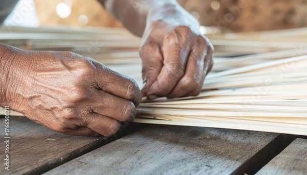 Obraz Close-up of elderly hands weaving bamboo strips, showing craftsmanship, patience, and traditional handmade art, symbolizing rural life, culture, and artisanal heritage.