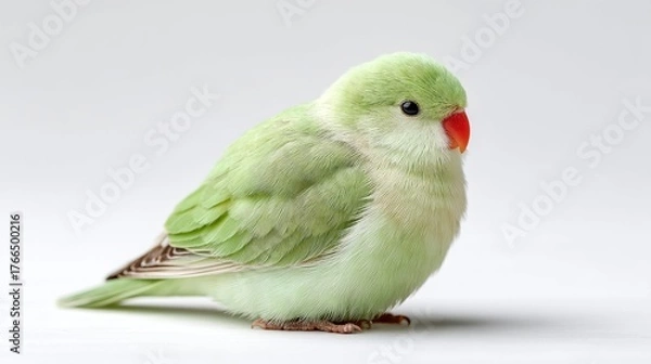Fototapeta A Small Green Parrot With A Red Beak Sits On A White Surface Illuminated By Soft Light Creating A Peaceful Atmosphere And Highlighting Its Feathers