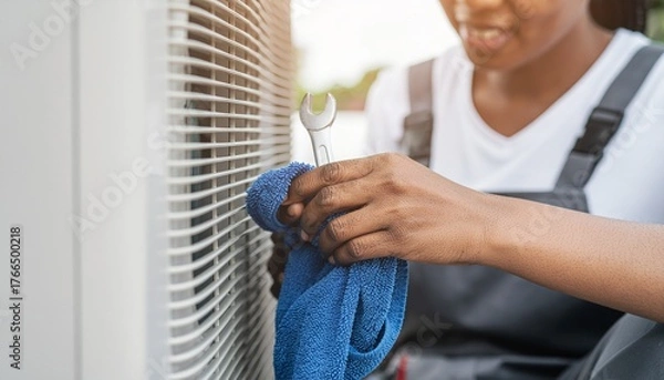 Obraz Close-up of technician hand cleaning and fixing air conditioner unit using wrench and blue cloth, concept of service, maintenance, HVAC repair, and professional home appliance care.