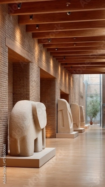 Fototapeta Ancient Carved Elephant Statues Displayed In A Museum Hallway With Warm Spotlight Illumination And Architectural Details