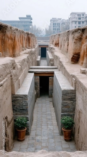 Fototapeta Ancient Terracotta Army excavation site with stone pathways and brick walls leading to dark entrances under an overcast sky in China