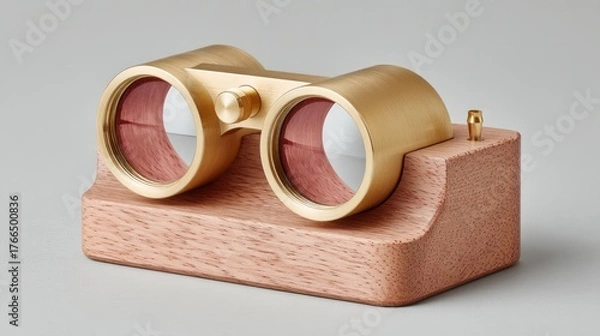 Fototapeta Antique Brass Stereoscope On Textured Pink Stand Featuring Reflective Lenses And Gold Accents Clean Studio Lighting With A Neutral Gray Background