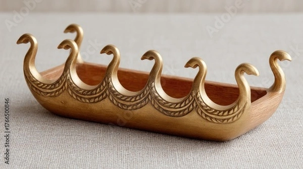 Fototapeta Antique bronze incense holder shaped like a Viking longship with ornate carvings on a textured neutral background, showcasing detailed craftsmanship and historical design elements.